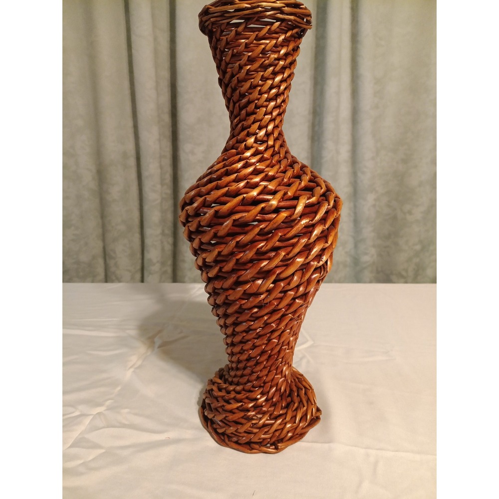 Vintage Woven Wicker Rattan Hourglass Vase Brown Boho Decorative 14"